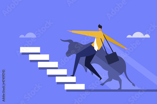 Businessman climbing the steps upwards with a bull as his shadow
