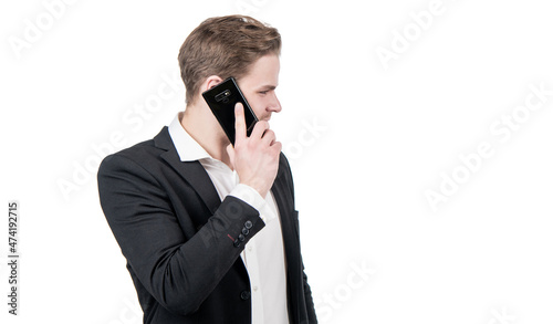 Professional man in business suit talk on mobile phone isolated on white copy space, cellphone