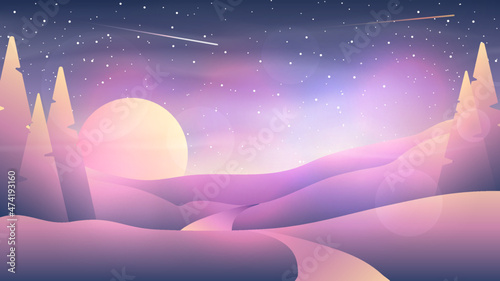 Bright purple color lights at night landscape. Flat style. View road and hills. Vector illustration. Forest on foreground. 