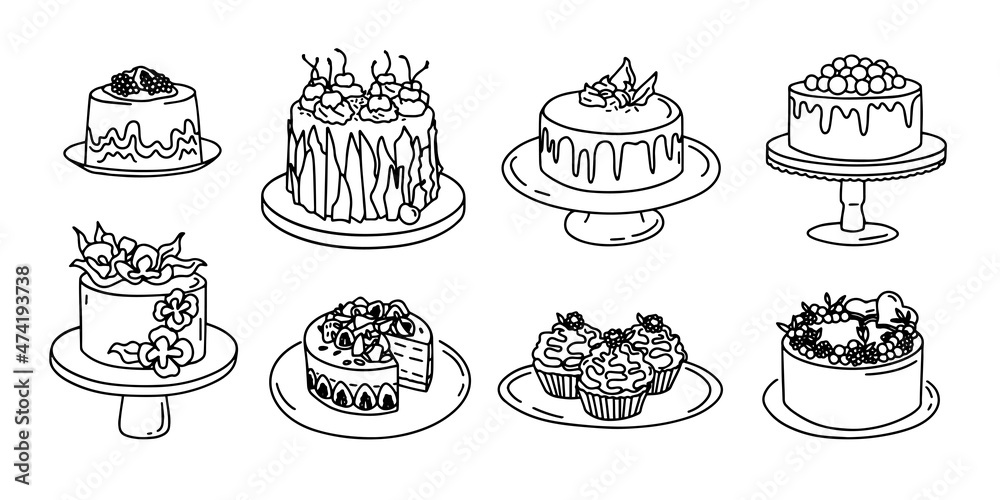 Cake outline. Party dessert. Menu design for the restaurant. Isolated contour element for the menu.