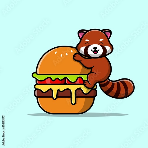 Cute Red Panda On Burger  Cartoon Vector Icon Illustration. Animal Food Icon Concept Isolated Premium Vector. Flat Cartoon Style photo