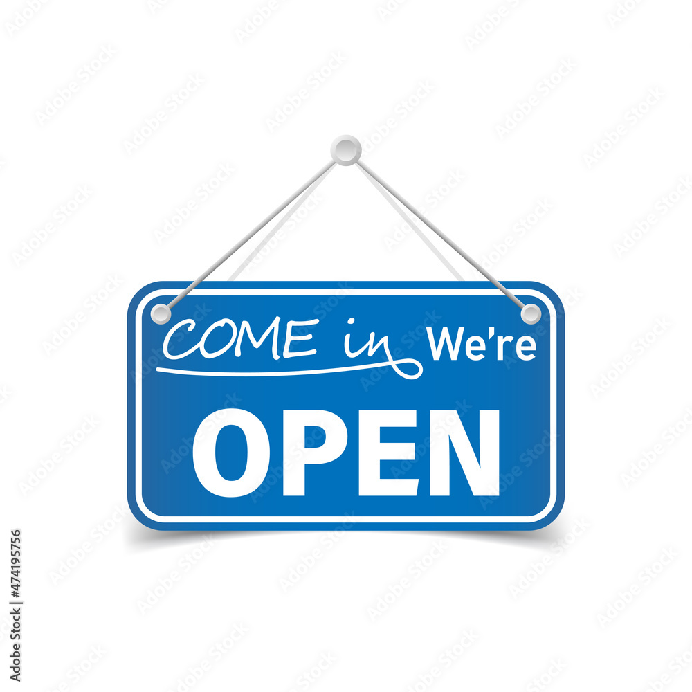 Come in we are open icon in flat style. Schedule on door vector illustration on white isolated background. Welcome sign business concept. Come in we are open icon in flat style. Schedule on door vector illustration on white isolated background. Welcome sign business concept.