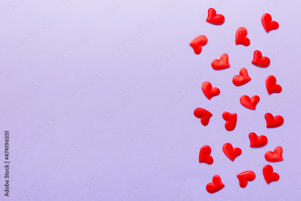 Valentine day background with red hearts, top view with copy space