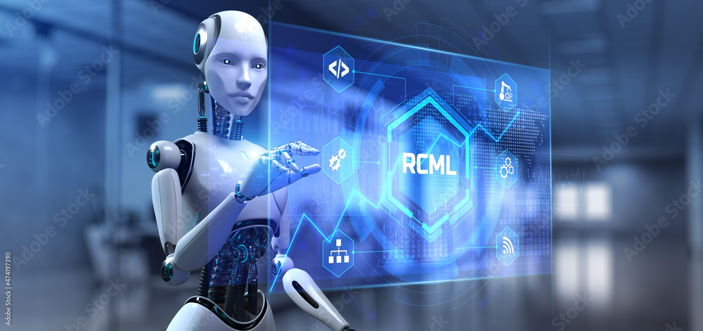 RCML Robot Control Meta Language technology concept. 3d render robot pressing virtual button.