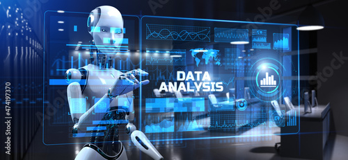 Data analysis analytics big data business intelligence technology concept. Robot pressing button on virtual screen. 3d render.