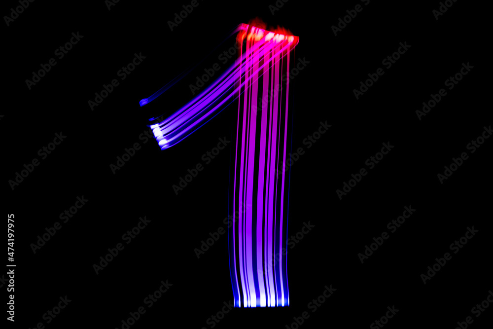 Freezelight photography. Isolated figure on a black background. Number one.