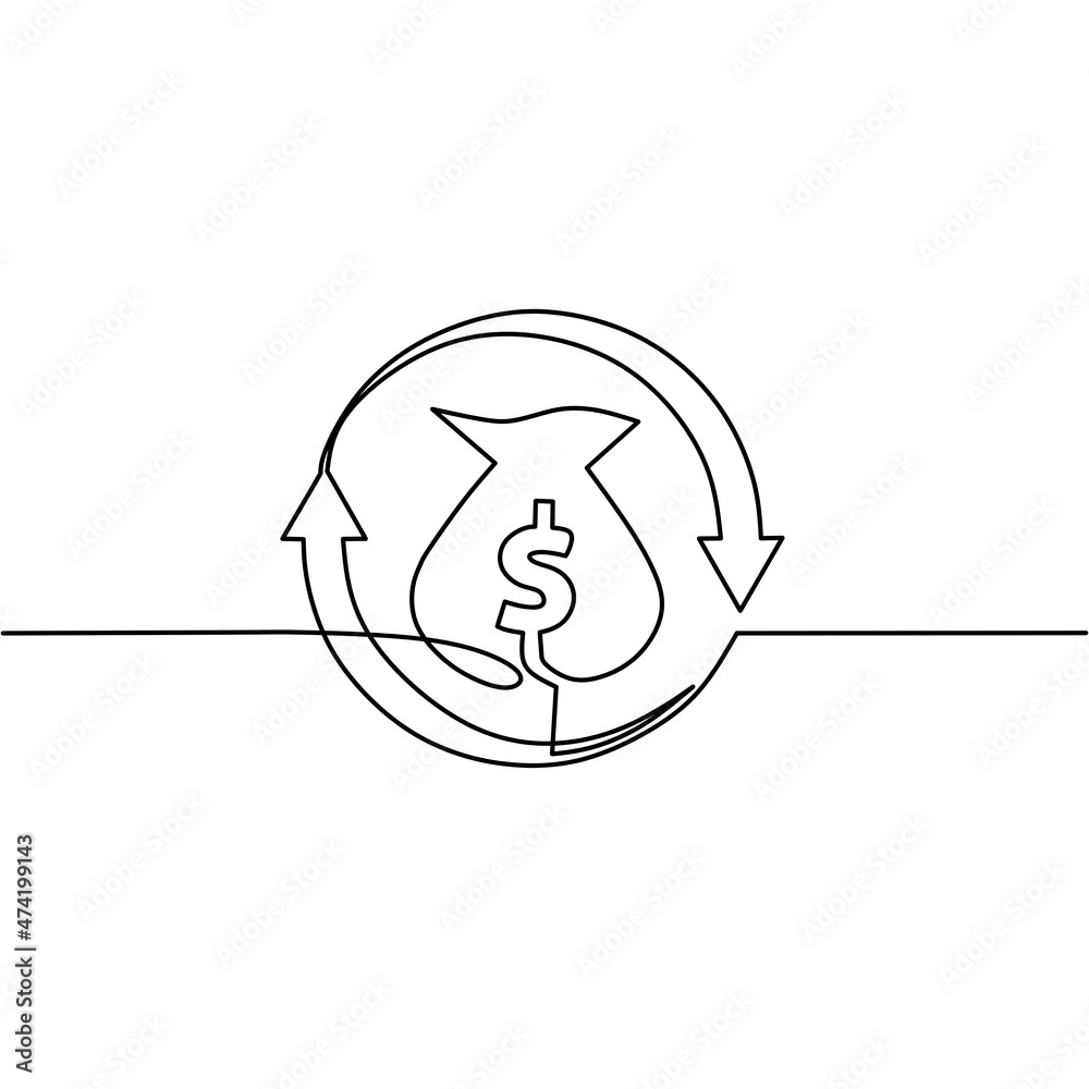 Continuous line drawing of money bag with arrow, object one line single line art, vector illustration Continuous line drawing of money bag with arrow, object one line single line art, vector illustration