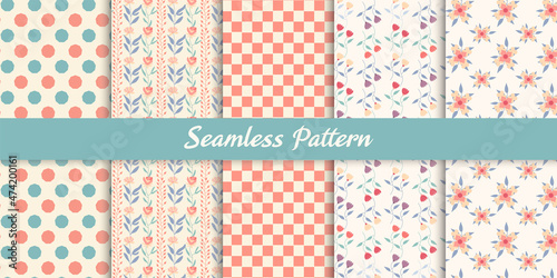 Set Of 5 Spring Vintage Floral Seamless Pattern, dots, square, doodle shape, For scrapbooking, cards, textile, fabric, invitations