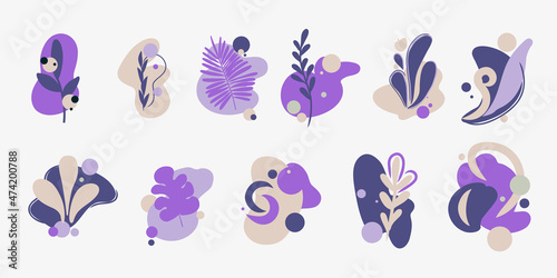 Very peri collection or set of artistic elements of abstract leaves and shapes with hand painted. Modern hand drawn plant leaf and decoration set. Doodle and flat style.