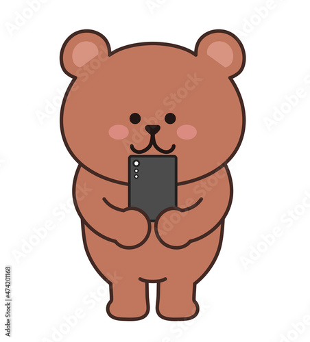 Bear with a smartphone. Vector illustration isolated on a white background.