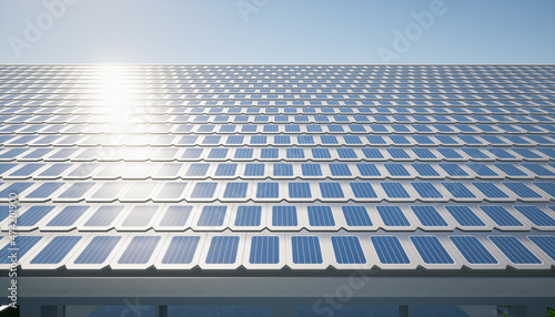 3d rendering of solar or photovoltaic shingles in perspective on roof of home or house building. System technology to generate electrical power or direct current electricity by light or sunlight.