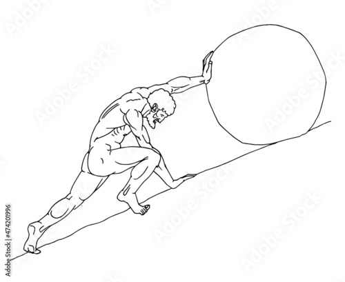 Sisyphus rolls a heavy stone up the mountain. Myths of ancient Greece. Vector illustration with contour lines in black ink isolated on a white background in cartoon and hand-drawn style.