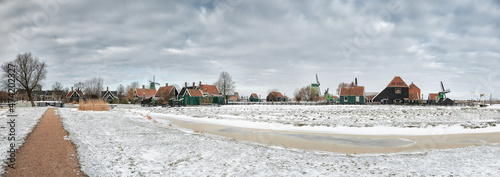 Panorama of the old Dutch village Zaanse Schans in winter, in the Netherlands.