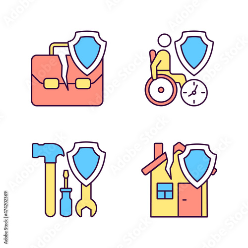 Accidents insurance cases RGB color icons set. Financial support of customers. Customers protection. Payments for insurance cases. Isolated vector illustrations. Simple filled line drawings collection