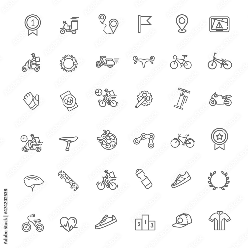 Bike tools and equipment part icon set. Bike and attributes Bike tools and equipment part icon set. Bike and attributes