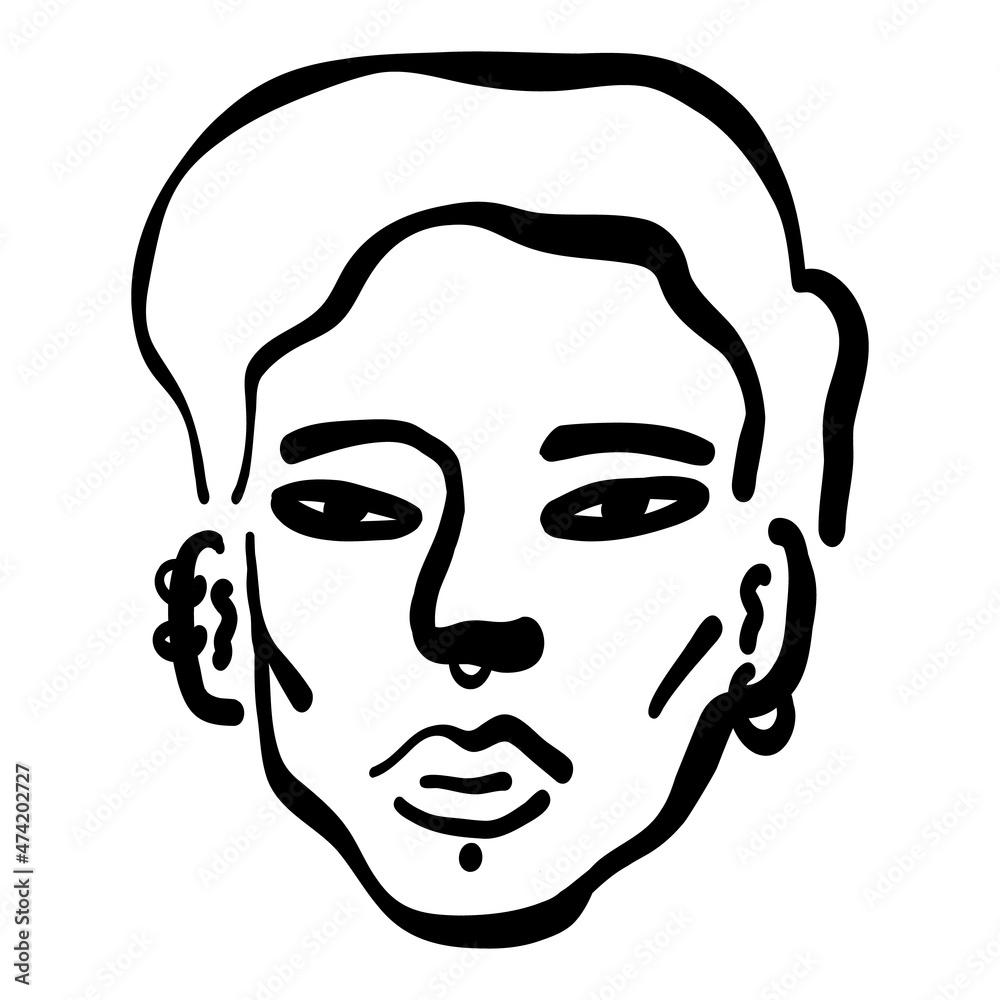 Contemporary Asian American young man with piercing, teenager's art portrait, line art guy's face.