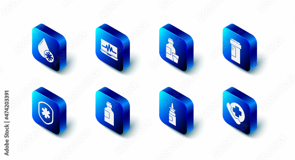 Set Laptop with cardiogram, Bottle of medicine syrup, Medicine bottle, Emergency phone call hospital, nasal spray, Medical shield cross and Blood test and virus icon. Vector Set Laptop with cardiogram, Bottle of medicine syrup, Medicine bottle, Emergency phone call hospital, nasal spray, Medical shield cross and Blood test and virus icon. Vector