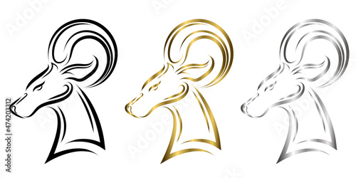 three color black gold and silver line art of Barbary sheep head. Good use for symbol, mascot, icon, avatar, tattoo, T Shirt design, logo or any design