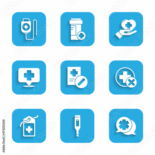 Set Medical prescription  digital thermometer  Dialogue with doctor  Cross hospital medical  tag  Map pointer cross  Heart and IV bag icon. Vector