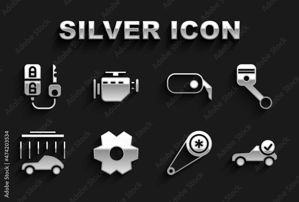 Set Gear, Engine piston, Auto service check automotive, Timing belt kit, Car wash, rearview mirror, key with remote and Check engine icon. Vector