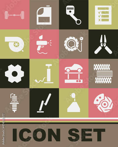 Set Car brake disk with caliper, tire wheel, battery jumper power cable, Engine piston, Paint spray gun, Automotive turbocharger, Chassis car and Tire pressure gauge icon. Vector