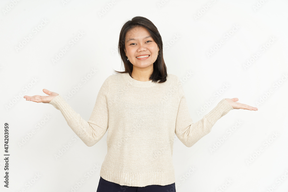 Showing two product on empty palm of Beautiful Asian Woman Isolated On White Background Showing two product on empty palm of Beautiful Asian Woman Isolated On White Background