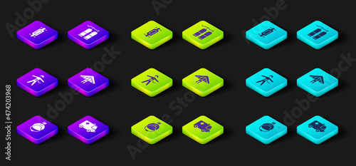 Set Helmet and action camera, Ambulance emergency car, Bungee jumping, Hang glider, Aqualung and Longboard or skateboard icon. Vector