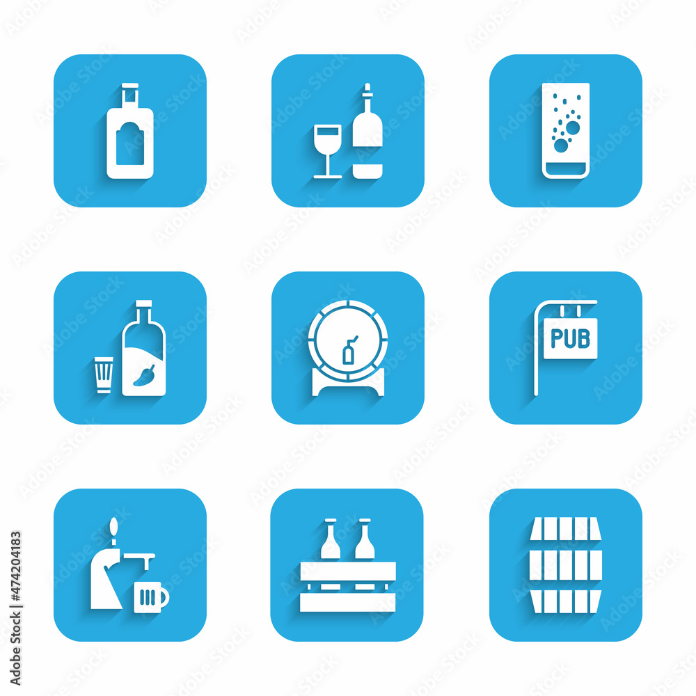 Set Wooden barrel on rack, Pack of beer bottles, Street signboard with Pub, Beer tap glass, Vodka pepper and, Effervescent tablets in water and Whiskey icon. Vector Set Wooden barrel on rack, Pack of beer bottles, Street signboard with Pub, Beer tap glass, Vodka pepper and, Effervescent tablets in water and Whiskey icon. Vector