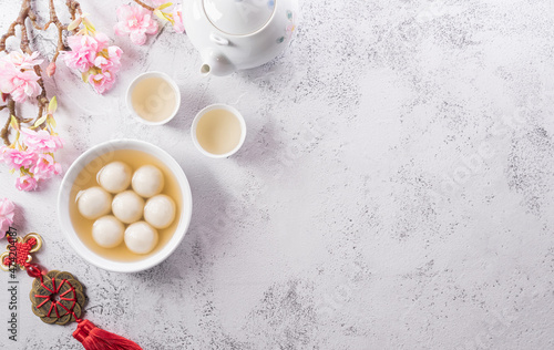 Tang Yuan sweet dumplings balls   a traditional cuisine for Mid-autumn  Dongzhi  winter solstice   and Chinese new year. Chinese characters FU in the article refer to fortune  wealth  money flow.