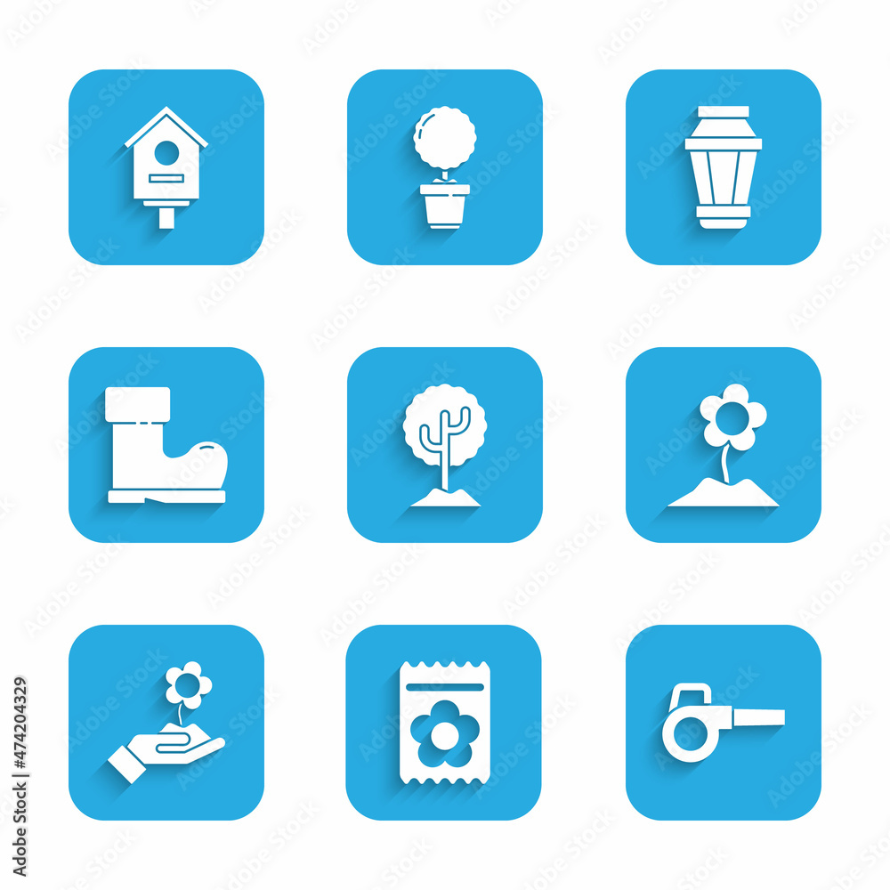 Set Tree, Pack full of seeds of plant, Leaf garden blower, Flower, Hand holding flower, Waterproof rubber boot, Garden light lamp and Bird house icon. Vector