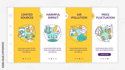 Nonrenewable energy disadvantages onboarding template. Energy crisis. Responsive mobile website with linear concept icons. Web page walkthrough 4 step screens. Lato-Bold, Regular fonts used