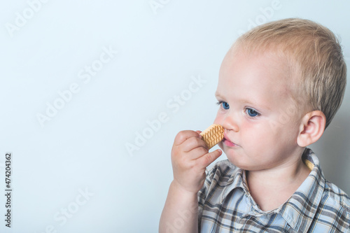 Toddler boy in blue shorts and shirt eating cookies close-up and copy space..
