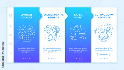 Renewable energy advantages onboarding template. Natural resources profit. Responsive mobile website with linear concept icons. Web page walkthrough 4 step screens. Lato-Bold, Regular fonts used