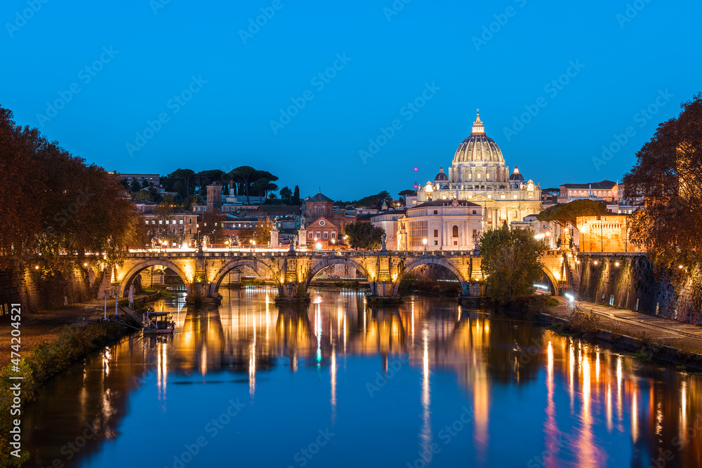 Basilica di San Pietro (St. Peter's Basilica) and Ponte Sant'Angelo (St. Angelo Bridge) viewed from Ponte Umberto I early in the morning