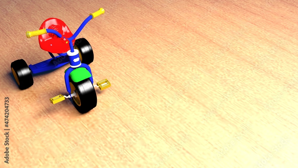 tricycle toy on clean wooden floor - 3D rendering illustration tricycle toy on clean wooden floor - 3D rendering illustration