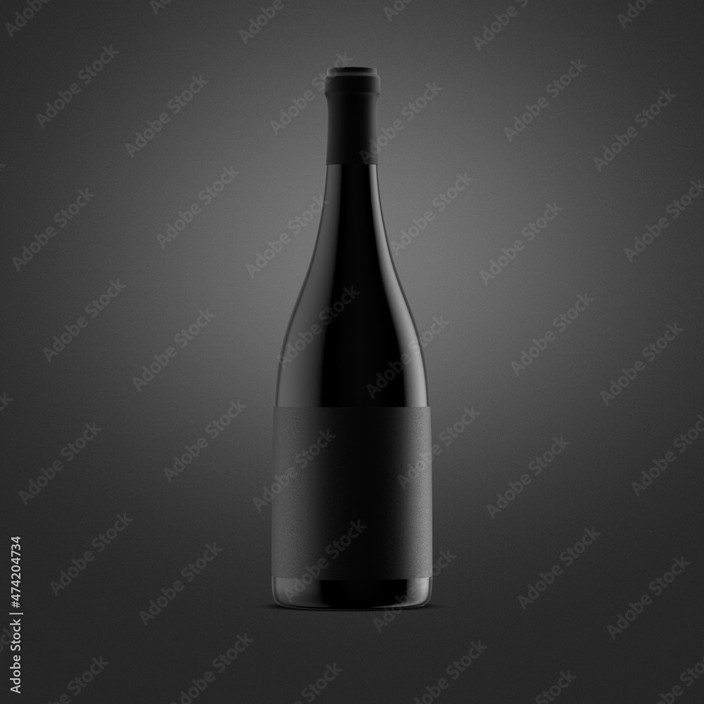 Poster. Wine bottle with a black label on a black background. 3D illustration Poster. Wine bottle with a black label on a black background. 3D illustration