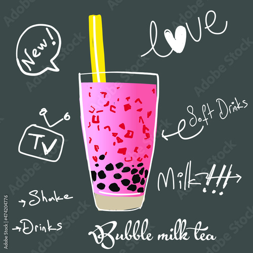 Bubble milk tea ads with delicious tapioca. Vector.