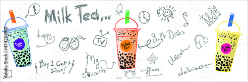 Bubble milk tea ads with delicious tapioca. Vector.