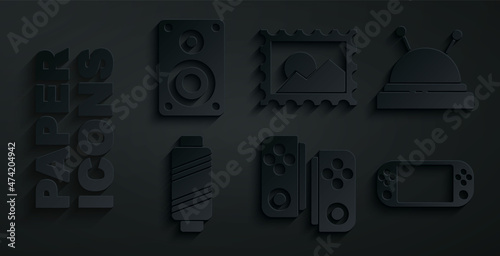 Set Gamepad, Needle bed and needles, Sewing thread on spool, Portable video game console, Postal stamp and Stereo speaker icon. Vector