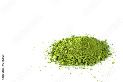 Matcha tea powder on a white background.