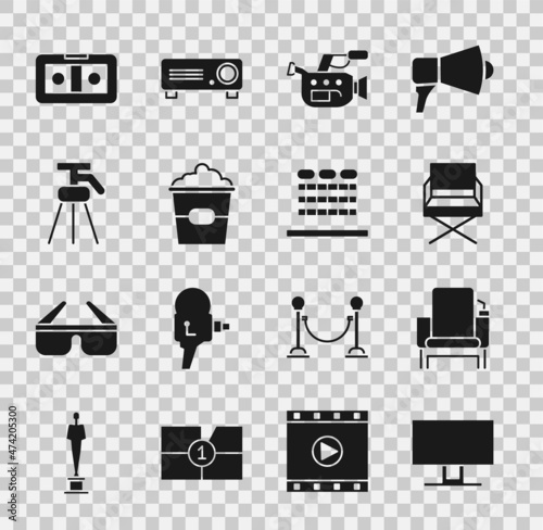 Set Smart Tv, Cinema chair, Director movie, camera, Popcorn box, Tripod, VHS video cassette tape and auditorium with seats icon. Vector