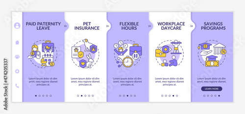 Perks for employees with family onboarding template. Saving programs. Responsive mobile website with linear concept icons. Web page walkthrough 5 step screens. Lato-Bold, Regular fonts used