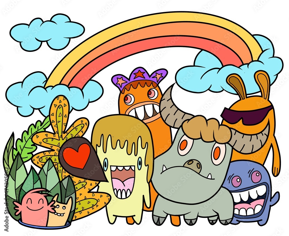 Illustration of doodle cute funny cute monsters Valentine's Day background ,hand drawing doodle. Illustration of doodle cute funny cute monsters Valentine's Day background ,hand drawing doodle.