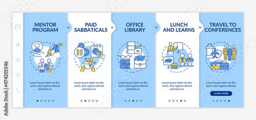 Staff development perks onboarding template. Travel to conferences. Responsive mobile website with linear concept icons. Web page walkthrough 5 step screens. Lato-Bold, Regular fonts used