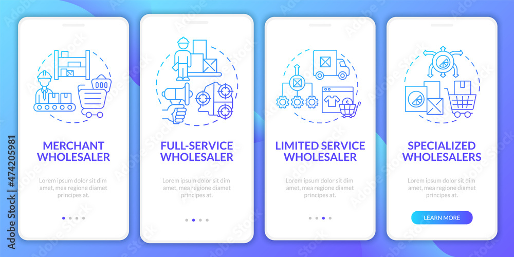 Retailer types definition onboarding mobile app page screen. Distribution business walkthrough 5 steps graphic instructions with concepts. UI, UX, GUI vector template with linear color illustrations