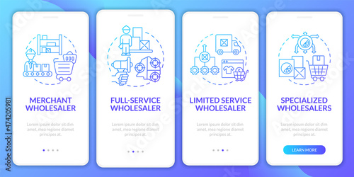 Retailer types definition onboarding mobile app page screen. Distribution business walkthrough 5 steps graphic instructions with concepts. UI, UX, GUI vector template with linear color illustrations © bsd studio