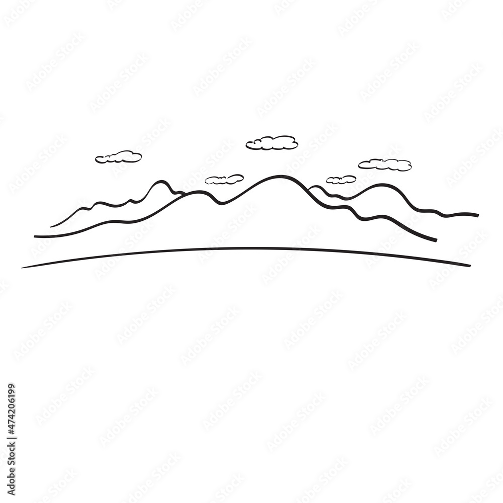 mountains and clouds illustration vector hand drawn isolated on white background line art.