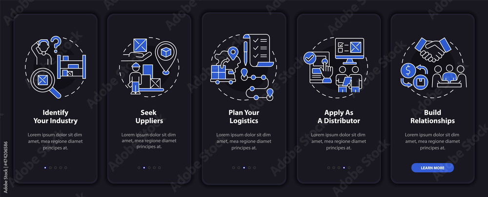 Steps to distribution startup onboarding mobile app page screen ...