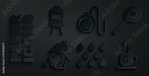 Set Water drop, Magnifying glass, Sherlock Holmes, Cup of tea with tea bag, Watch chain and Tram and railway icon. Vector