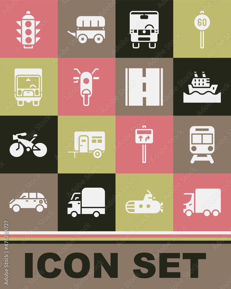 Set Delivery cargo truck, Train and railway, Cruise ship, Bus, Scooter, Traffic light and Road icon. Vector Set Delivery cargo truck, Train and railway, Cruise ship, Bus, Scooter, Traffic light and Road icon. Vector